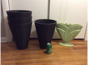 4 Heavy Solid Resin Black Outdoor Planters With Green Ceramic Vase/Planter