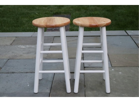 Set Of Two Wood And White Stools