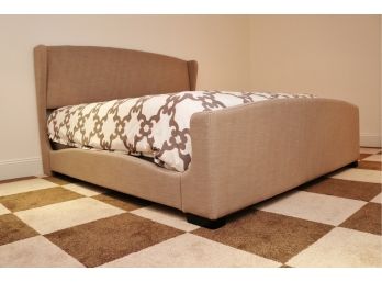 King Size Upholstered Panel Bed In Textured Taupe With White Stitching