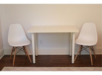 Children's White Desk And Two Children's Desk Chairs With Wooden Legs