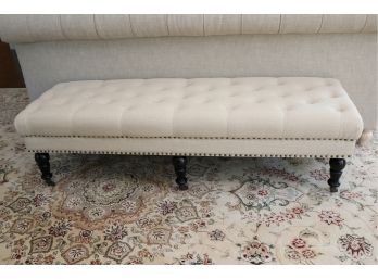 Linen Home Decor Tufted Bench In Sand Linen With Bronze Studs On Casters