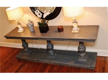 Distressed Blue Wood Triple Pedestal Console Table