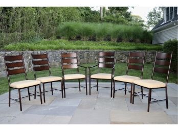 Set Of Six Metal Dining Chairs With Upholstered Seat