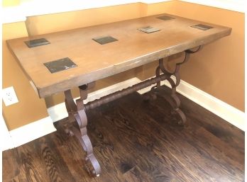 Wooden Side Table With Iron Legs & Marble Inlay Accents