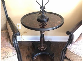 Beautiful Wood And Glass Top Inlay Round Pedestal Accent Table