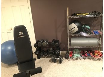 Dumbbell Set With Stand, Bench, And Various Other Exercises Equipment