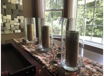 Set Of Three Decorative Glass Hurricanes With Crate & Barrel Candles