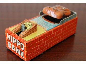 Old Made In Japan YONE Hippo Mechanical Tin Litho Toy Bank