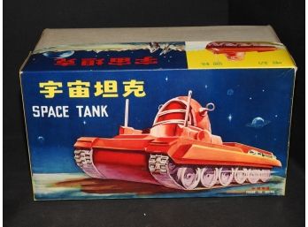 Tin Litho Battery Operated Space Tank Toy In Original Box