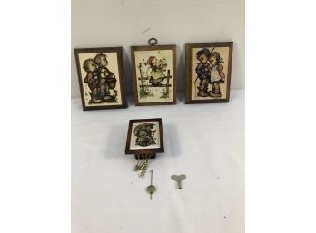 4 Pc Hummel Lot Wood Hanging Plaques & Wind Up Clock