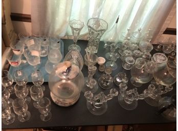 Misc Table Lot Of Glass, Lenox Glasses, & Candleholders