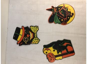 3 Vintage Die Cut 2 Black Cats, & Witch Decorations (Bistel Co)