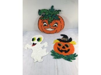 3 Halloween Melted Popcorn Plastic 2 Pumpkins & Ghost Decorations