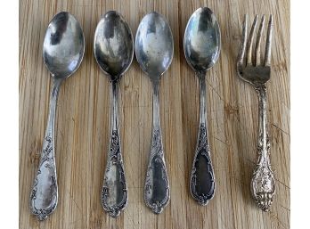 Four 800 Silver Demitasse Spoons And One Sterling Fork