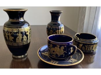 Greek Hand Painted With 24kt Gold Vases, Ashtray & Cup