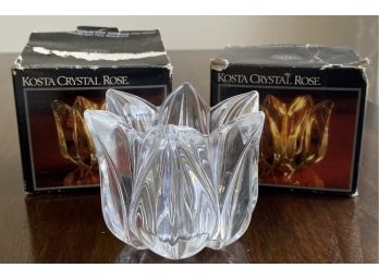 Two Kosta Crystal Rose Candle Holders