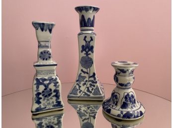 Trio Of Blue And White Canton Collection Candle Holders