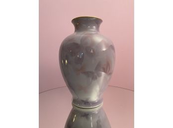 Asian Porcelain Vase With Pastel Purple And Pink Butterfly Motif And Gold Rim