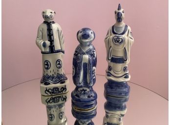 Trio Of Blue And White Chinoiserie Robed Animal Figurines