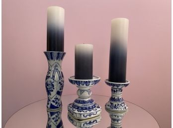 Trio Of Blue And White Canton Collection Candle Holders With Candles