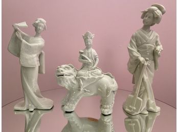 Set Of 3 Porcelain Asian Figures In White Glazed Finish