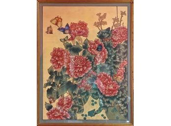 Painting On Silk Of Beautiful Botanical And Butterflies In Custom Gold Frame