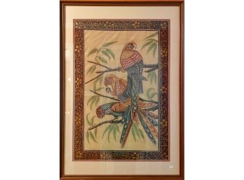 Stunning Botanical Parrot Painting On Silk In Custom Frame