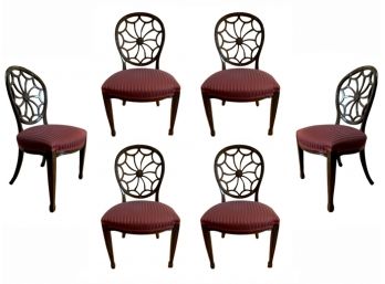 Set Of 6 Spider Back Dining Chairs In Custom Dark Finish And Striped Upholstery