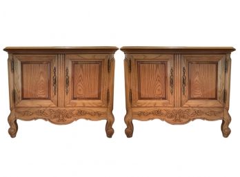 Pair Of Solid Wood Bedside Tables With Burl Veneer Surface