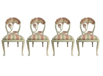 Modern Italian Art Nouveau Style Carved Back Dining Chairs In Sage Green Finish - Set Of 4