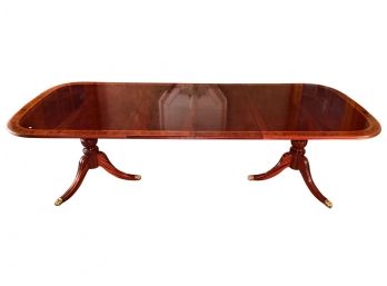 Georgian Style Double Pedestal Mahogany Dining Table With Banded Inlaid Top And 2 Leaves