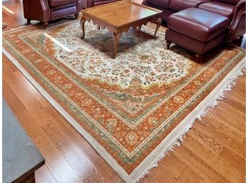 Beautiful Wool Oriental Rug In Burnt Orange, Green And Ivory