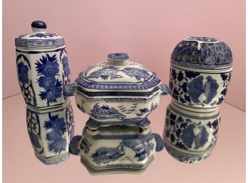 Blue And White Chinoiserie Candle Holders With Candles