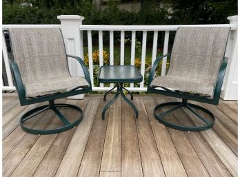 BROWN JORDAN Pair Of Swivel Rocker Chairs And Side Table