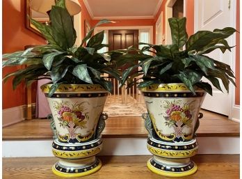 Pair Of Realistic Faux Plants In Brightly Colored Resin Pots