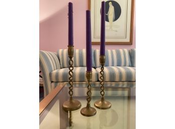 Set Of 3 Brass Barley Twist Candlesticks