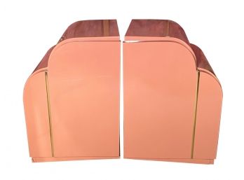 Modern Art Deco Revival Pair Of Custom Nightstands In Peachy Salmon With Gold Trim