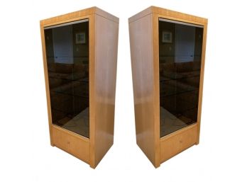 Pair Of Ethan Allen Stereo Cabinets With Smoked Glass Doors And Glass Shelving