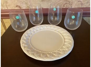 Tiffany & Co. Riedel Stemless Wine Glass Tumblers & Tiffany Decorative Plate