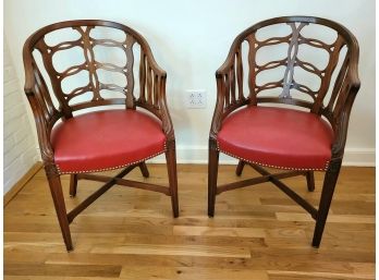 Antique Red Leather And Wood Chairs