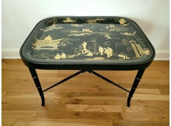 Antique Asian Chinoiserie Black Lacquer And Gold Tray Table