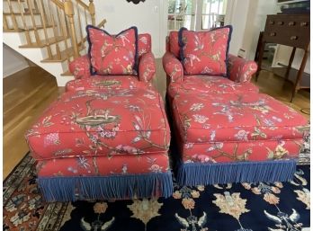 Two Scalamandre Matching Club Chairs With Ottomans