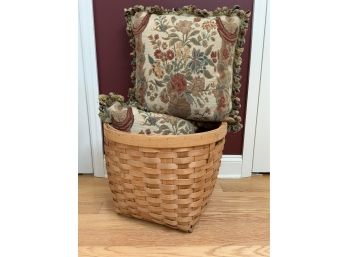 Antique Hand Needlepoint Pillows And Wicker Basket