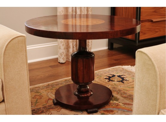 Round Mahogany Table With Burl Wood Center Medallion Inlay