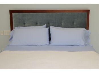 King Size Bed With Blue Velvet Tufted Upholstered And Wood Headboard
