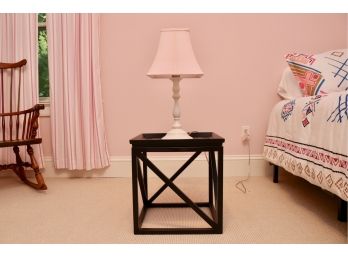 Black End Table With White Based Lamp With Pink Shade