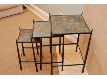 Set Of Three Bauhaus Wrought Iron And Slate Nesting Tables