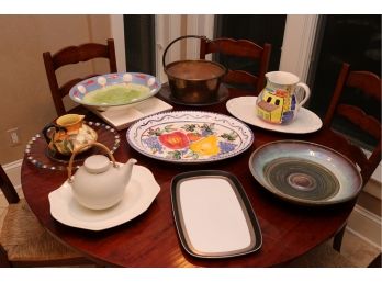 An Assortment Of Serving Trays, Large Copper Pot, Pitchers And More