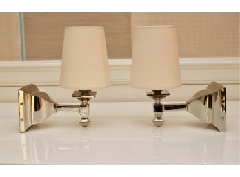 Set Of Two NEW Polished Nickel Wall Sconces With Natural Paper Edison Shades