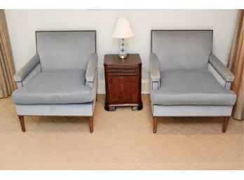 Set Of Two Blue Upholstered Arm Chairs With Studs